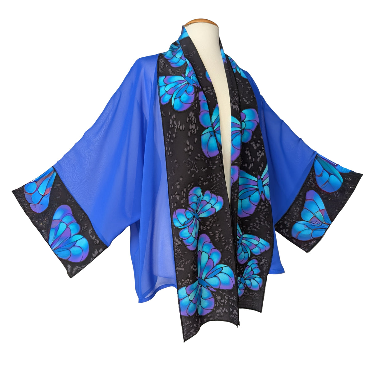 Brilliant Blue BUTTERFLIES Painted Silk Sheer ROYAL BLUE KIMONO One Size