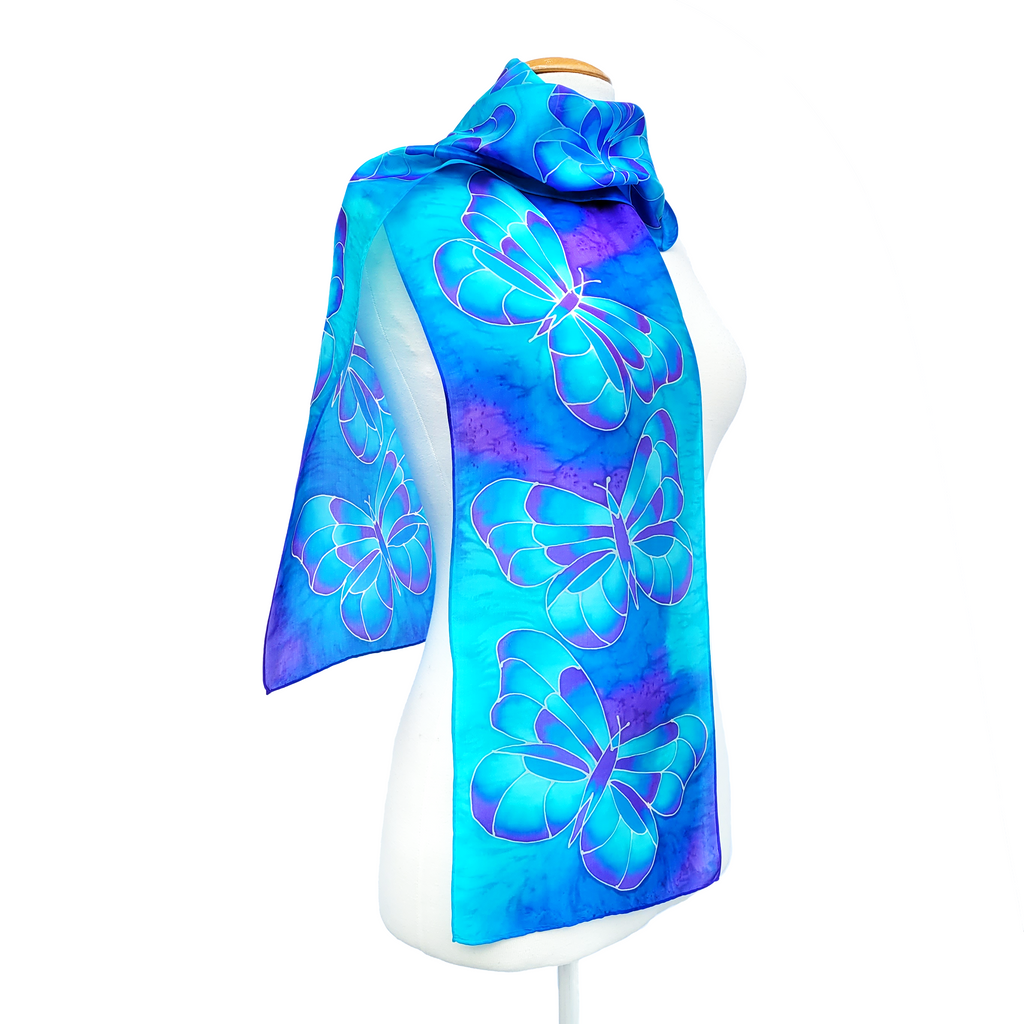 painted silk long blue scarf hand painted butterfly art design handmade by Lynne Kiel
