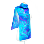 Load image into Gallery viewer, painted silk long blue scarf hand painted butterfly art design handmade by Lynne Kiel
