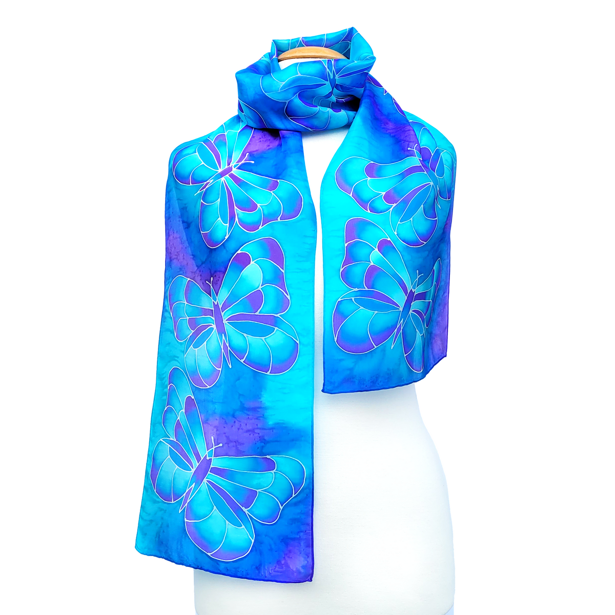 long blue silk scarf hand painted butterfly art design handmade in Canada by Lynne Kiel