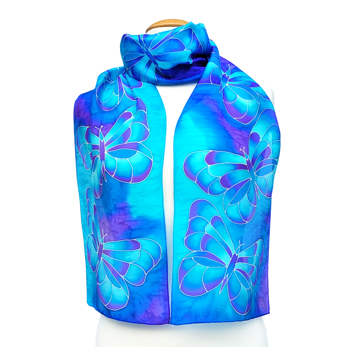 pure silk blue scarf hand painted butterfly design art handmade in Canada by Lynne Kiel