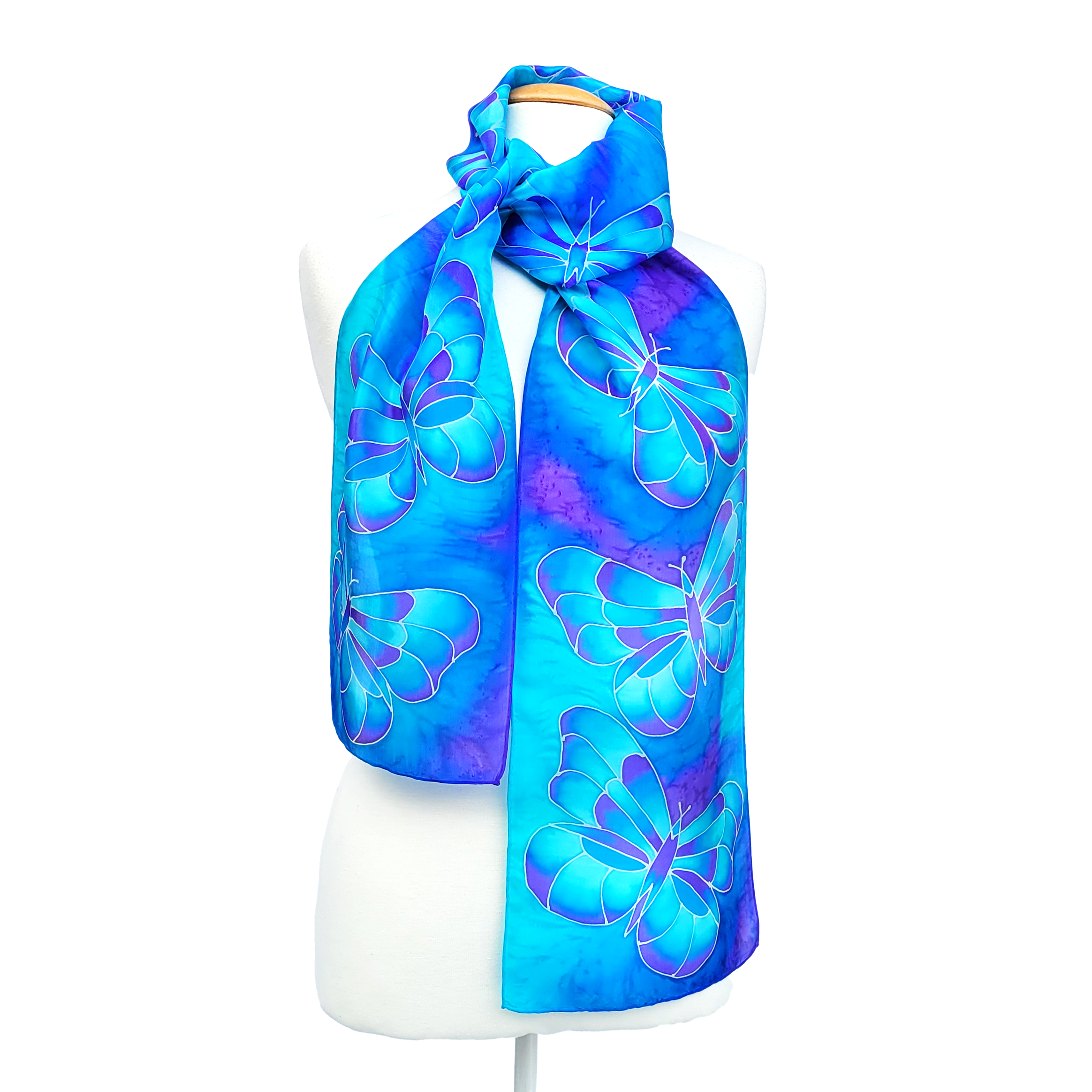 blue long silk scarf hand painted butterfly art design handmade in Canada by Lynne Kiel