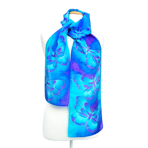 blue long silk scarf hand painted butterfly art design handmade in Canada by Lynne Kiel