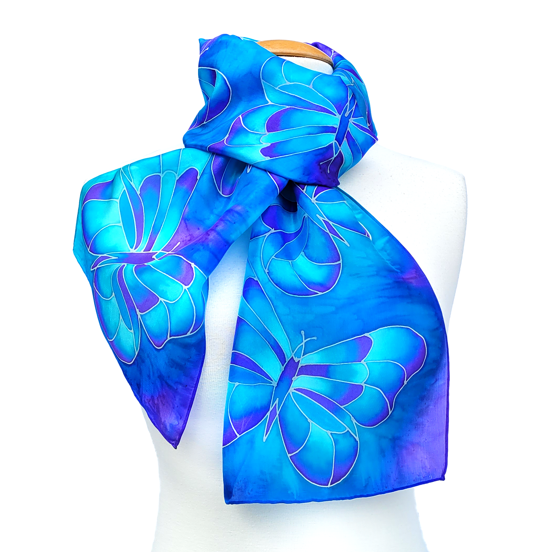 blue silk scarf hand painted butterfly art design made in Canada by Lynne Kiel