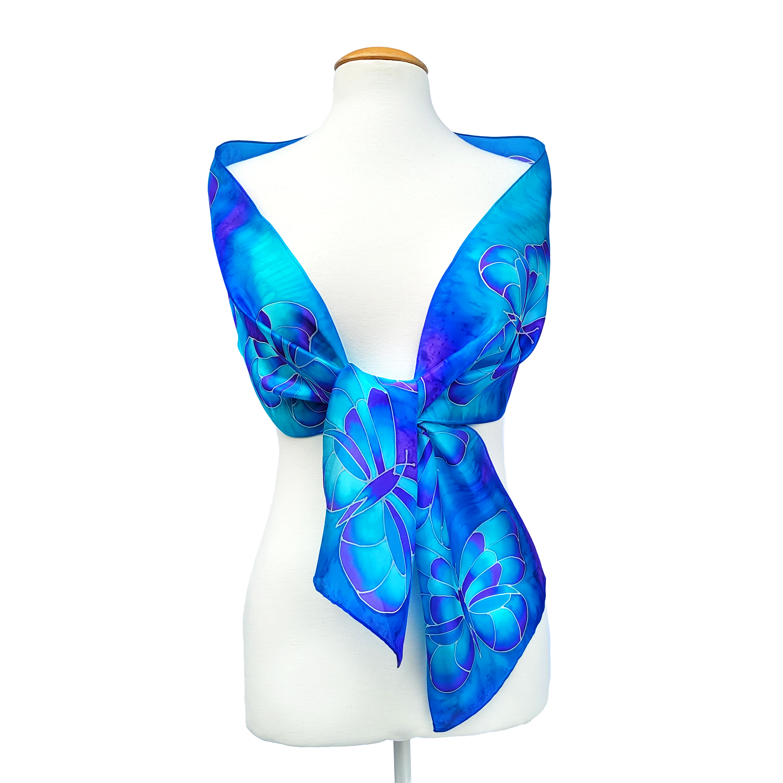 pure silk blue scarf shawl hand painted butterfly art design handmade in Canada by Lynne Kiel