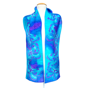 blue silk scarf hand painted butterfly art design handmade in Canada by Lynne Kiel