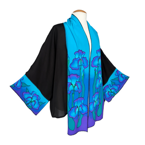 BLUE IRIS KIMONO  HAND PAINTED  Pure Silk Original One Size