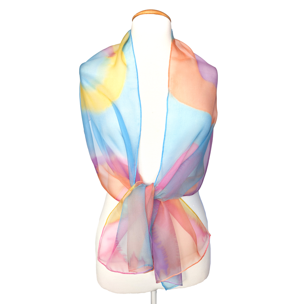 one size pure silk shawl scarf blue pink orange pink hand painted colors handmade by Lynne Kiel made in Canada