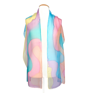 pure silk chiffon scarf pastel pink blue green purple yellow colors handmade by Lynne Kiel Made in Canada