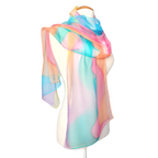 Ladies pure silk chiffon shawl scarf hand painted pastel pink blue purple ellow colors handmade by Lynne Kiel   made in Canada