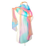 Load image into Gallery viewer, Ladies pure silk chiffon shawl scarf hand painted pastel pink blue purple ellow colors handmade by Lynne Kiel   made in Canada
