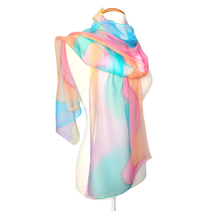 Ladies pure silk chiffon shawl scarf hand painted pastel pink blue purple ellow colors handmade by Lynne Kiel   made in Canada