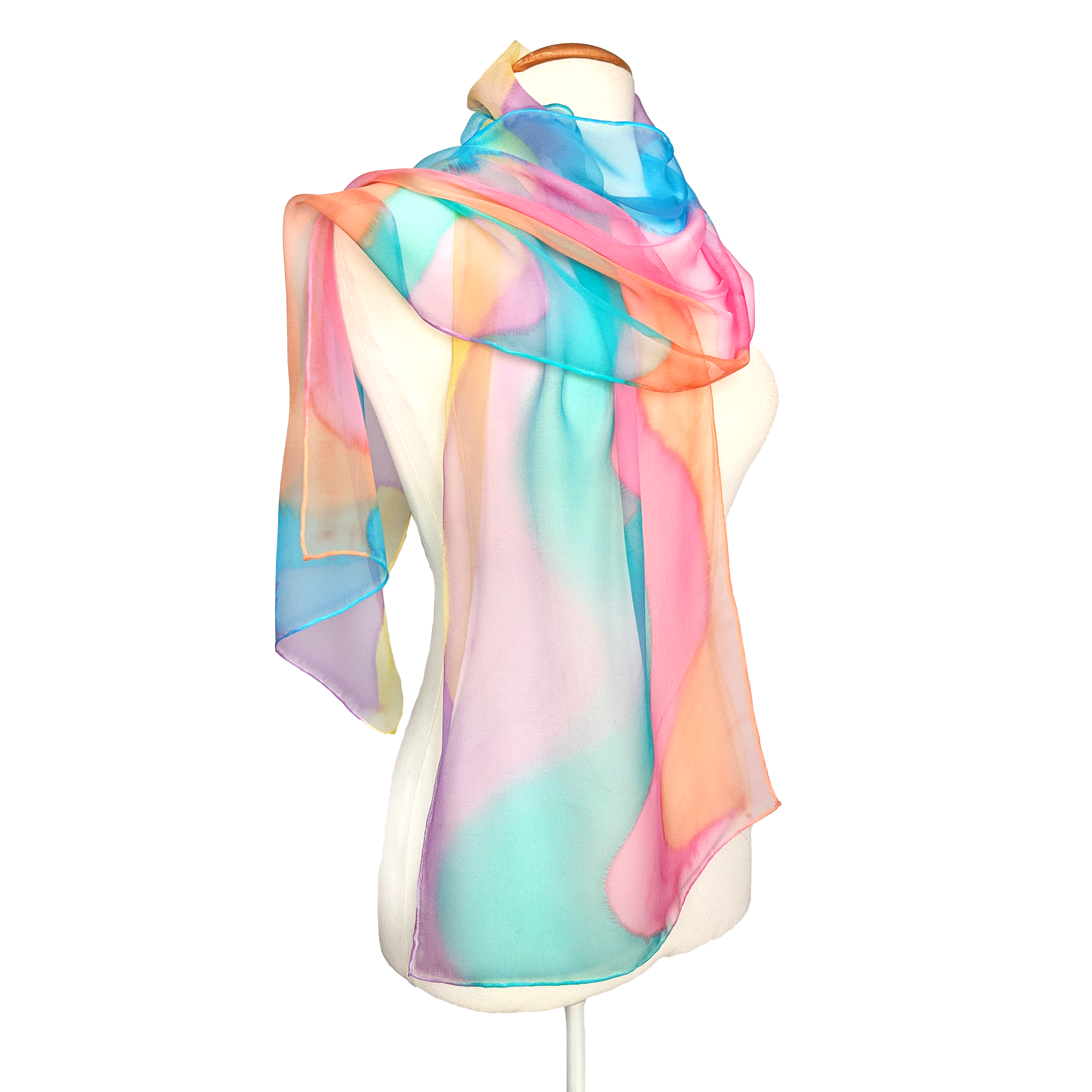 Pure silk chiffon scarf ladies one size hand painted pink blue orange purple colors handmade by Lynne Kiel made in Canada