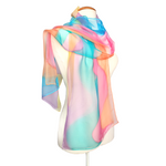 Load image into Gallery viewer, Pure silk chiffon scarf ladies one size hand painted pink blue orange purple colors handmade by Lynne Kiel made in Canada
