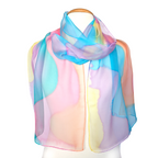 ladies scarf handpainted pure silk chiffon pink orange blue yellow colors handmade by Lynne Kiel made in Canada