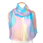 Load image into Gallery viewer, ladies scarf handpainted pure silk chiffon pink orange blue yellow colors handmade by Lynne Kiel made in Canada
