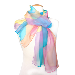 ladies scarf hand painted pure silk chiffon pink orange yellow blue purple handmade by Lynne Kiel handmade in Canada