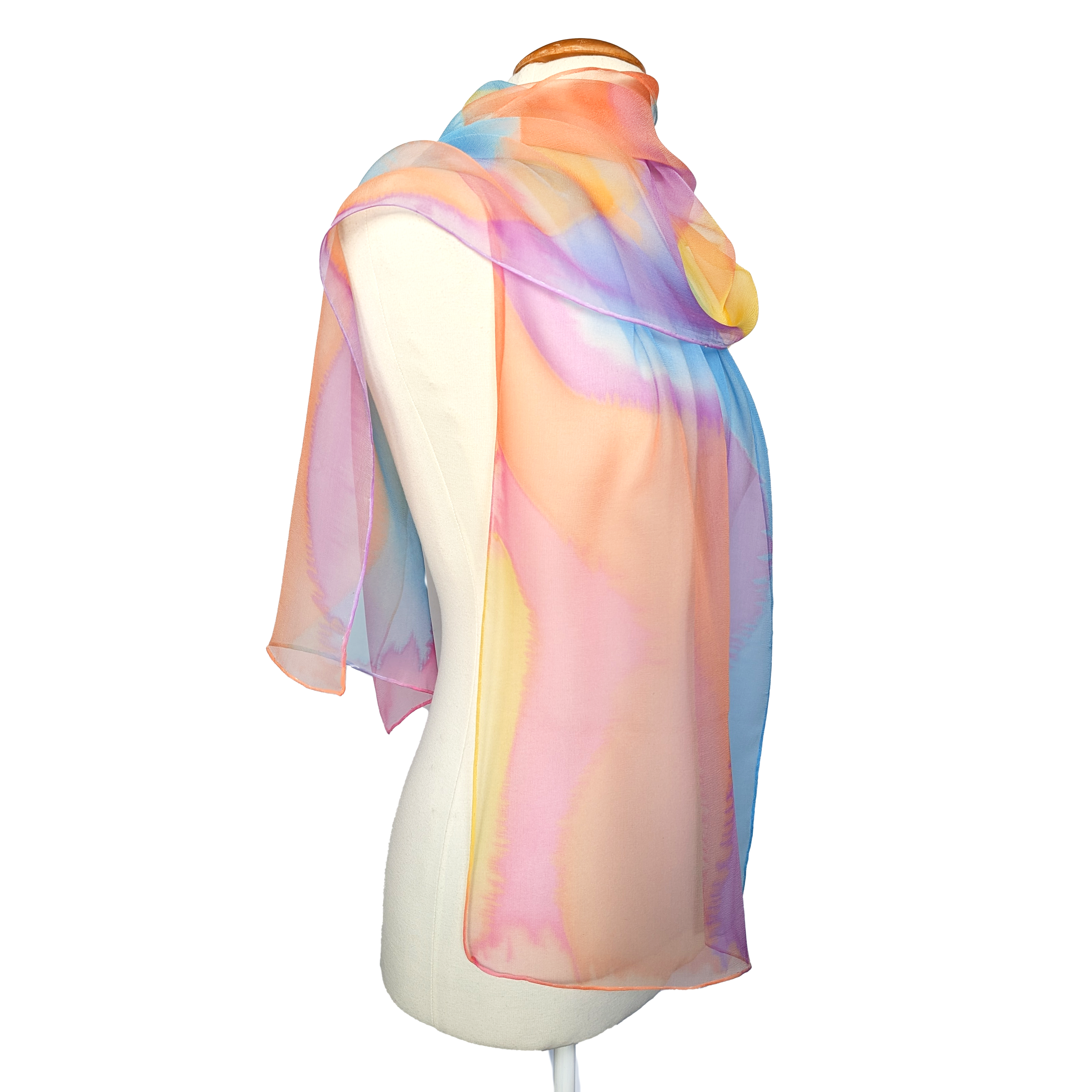 sheer pure silk chiffon shawl scarf one size ladies hand painted pink orange blue yellow handmade by Lynne Kiel made in Canada