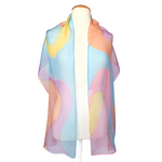 Load image into Gallery viewer, long scarf pure silk shawl ladies one size handpainted pink orange blue yellow colors handmade by Lynne Kiel made in Canada
