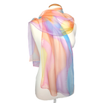 Load image into Gallery viewer, one size pure silk ladies shawl scarf hand painted pink orange yellow blue purple color handmade by Lynne Kiel made in Canada
