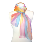 Load image into Gallery viewer, pure silk sheer chiffon scarf hand painted pink yellow orange blue purple handmade by Lynne Kiel made in Canada
