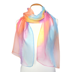 Load image into Gallery viewer, ladies scarf one size shawl pure silk hand painted yelloe orange pink blue purple color handmade by Lynne Kiel made in Canada
