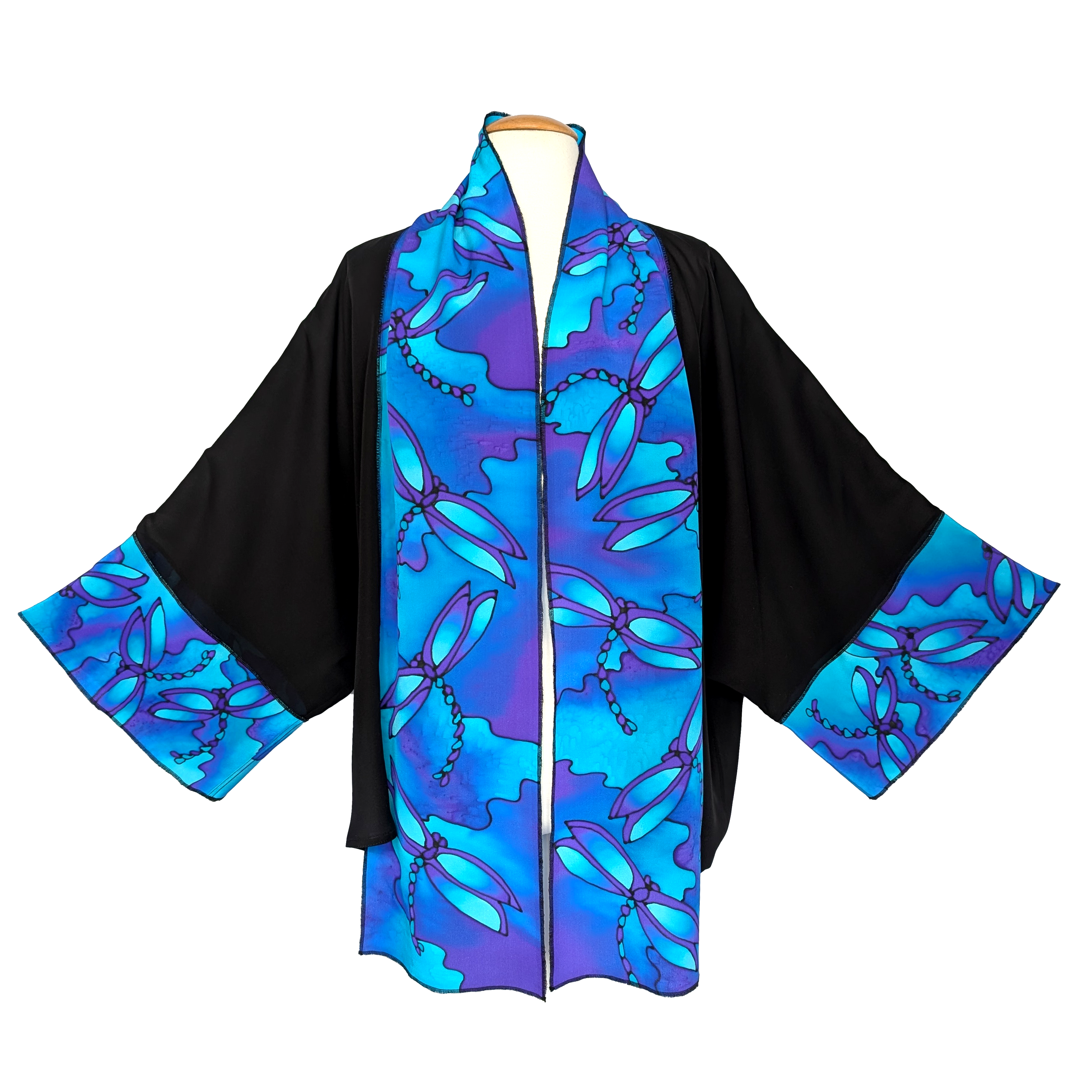 blue dragonfly kimono ladies one size top black pure silk hand made by Lynne Kiel made in Canada