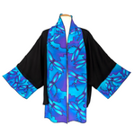 Load image into Gallery viewer, blue dragonfly kimono ladies one size top black pure silk hand made by Lynne Kiel made in Canada
