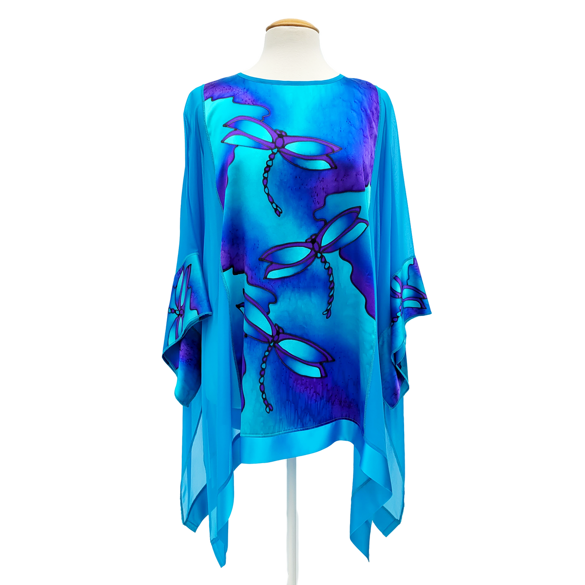 turuqoise blue dragonfly hand painted art design pure silk ladies one size top handmade by Lynne Kiel