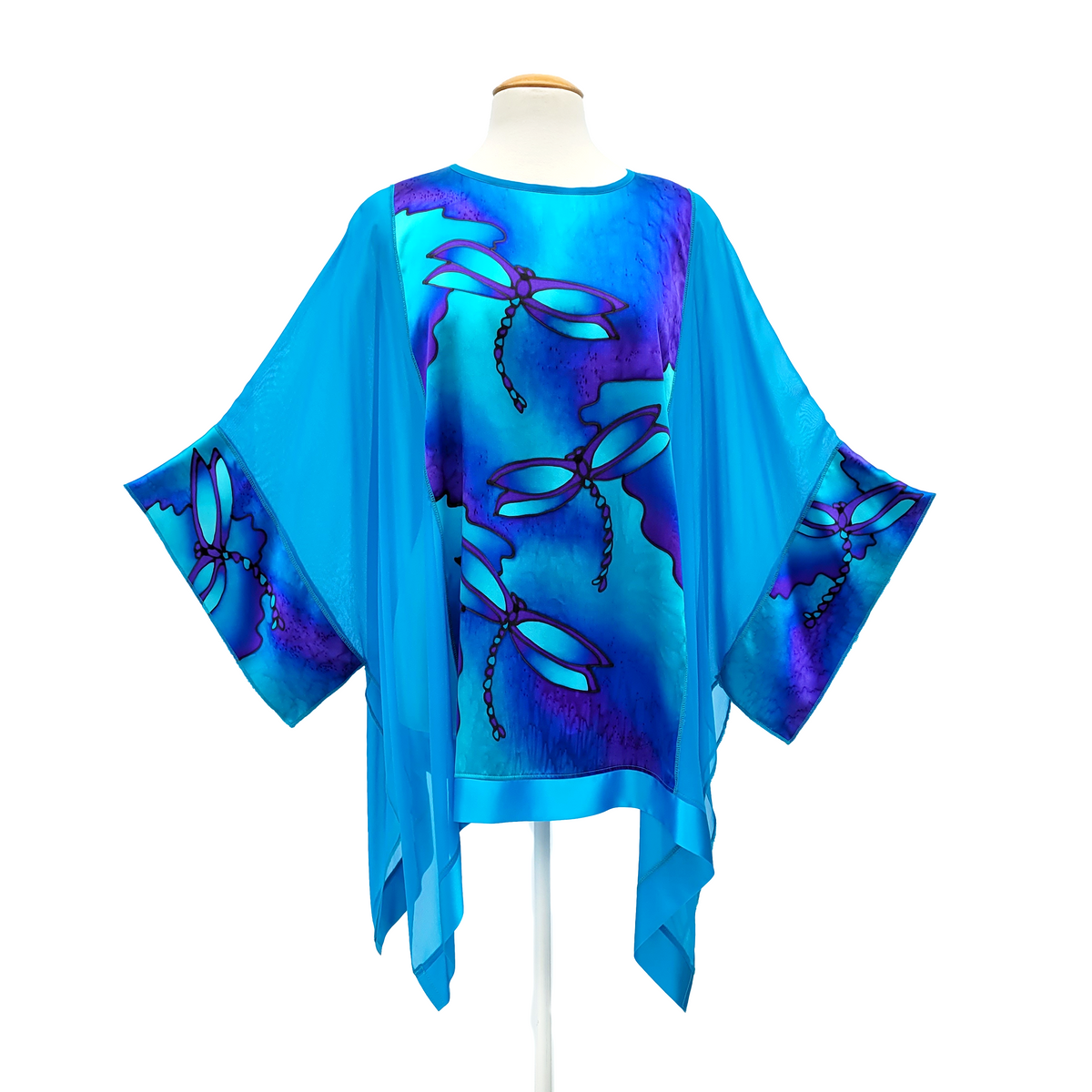 one size ladies caftan top hand painted turquoise blue dragonfly art design handmade by Lynne Kiel