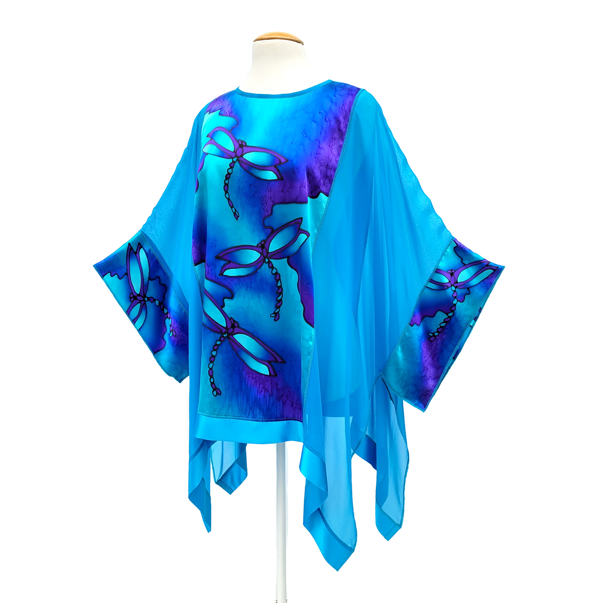 ladies pure silk top one size hand painted dragonfly design art in turquoise blue handmade by Lynne Kiel