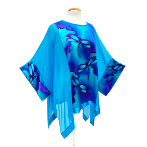 Pure silk handpainted silk ladies top azure blue dragonfly design art handmade by lynne kiel