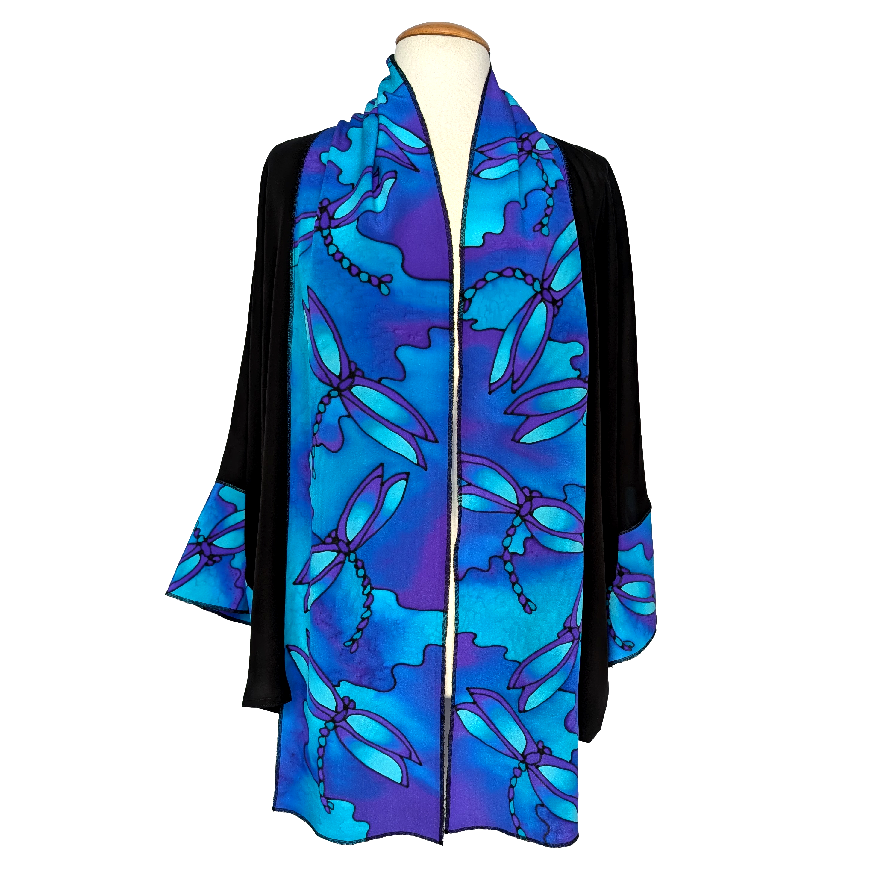 one size womens kimono hand painted  blue dragonfly art design black silk handmade by Lynne Kiel made in canada