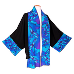 Load image into Gallery viewer, pure silk black kimono hand painted blue dragonfly art ladies one size top handmade by Lynne Kiel made in Canada
