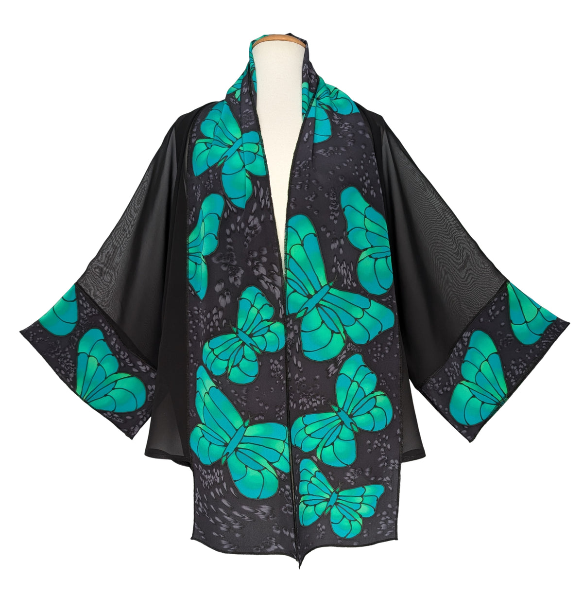 pure silk handpaintd kimono hand drawn butterfly art design in emerald green and black handmade in Canada  by Lynne Kiel