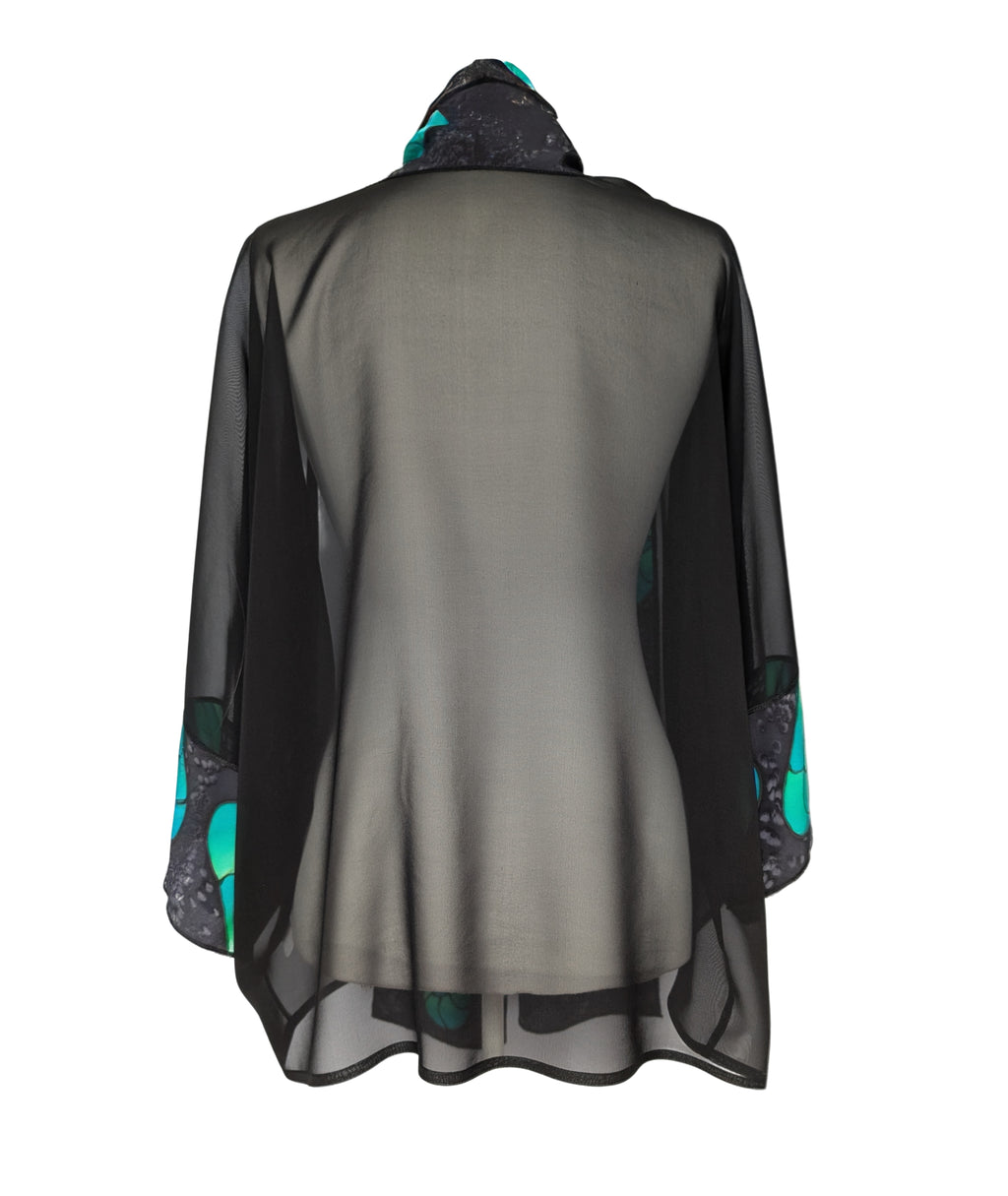 pure silk sheer black ladies kimono hand painted green and black butterfly art design handmade by Lynne Kiel made in Canada