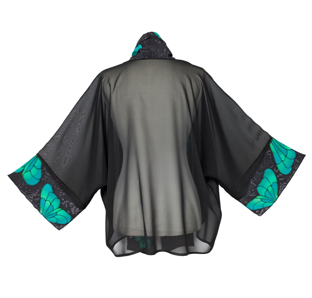 handpainted pure silk ladies kimono green and black butterfly art design handmade by Lynne Kiel made in Canada