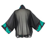 Load image into Gallery viewer, handpainted pure silk ladies kimono green and black butterfly art design handmade by Lynne Kiel made in Canada
