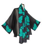 pure silk hand painted kimono butterfly design in green and black sheer silk top handade in Canada by Lynne Kiel