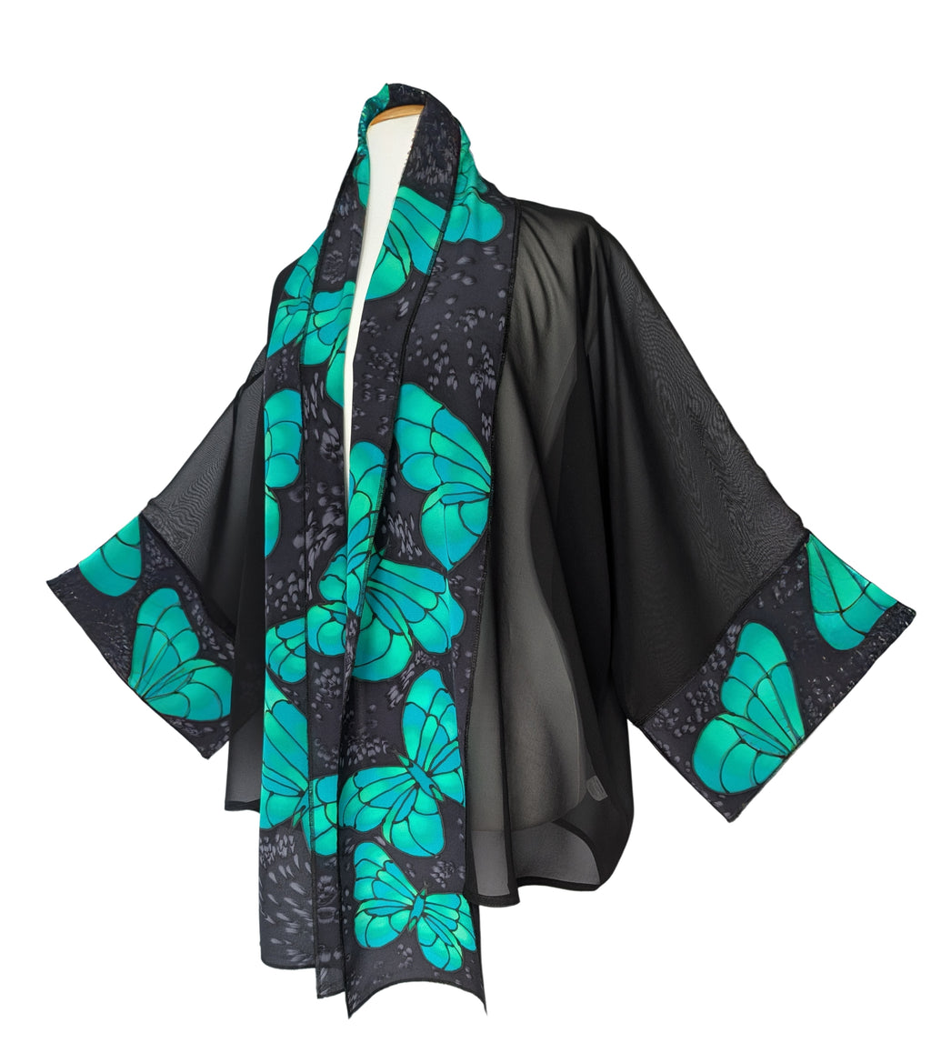 green and black  butterfly kimono ladies top hand painted pure silk handmade in Canada by Lynne Kiel