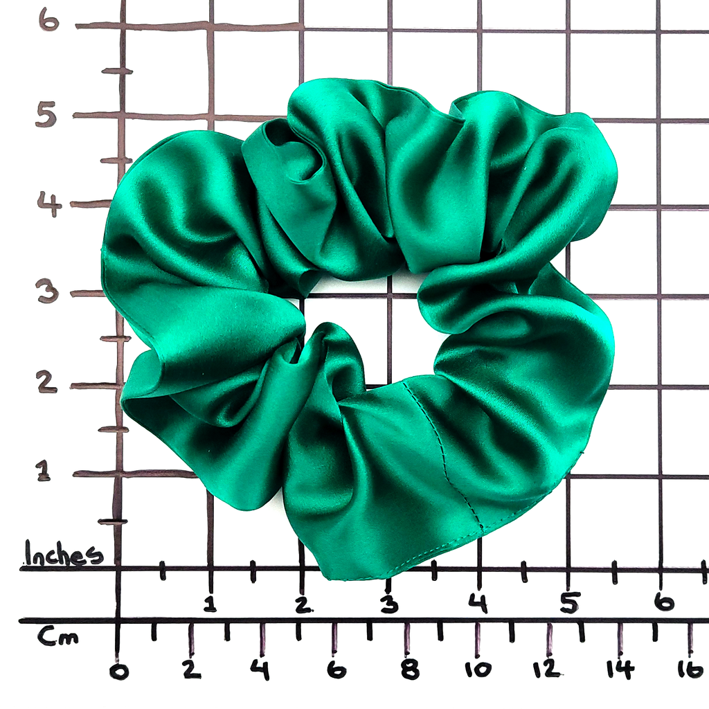 pure silk green medium size scrunchie ponytail holder hair accessory handmade in Canada by Lynne Kiel