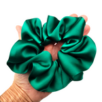 Load image into Gallery viewer, pure silk green scrunchie medium size ponytail scrunchie hair accessory handmade in Canada by Lynne Kiel
