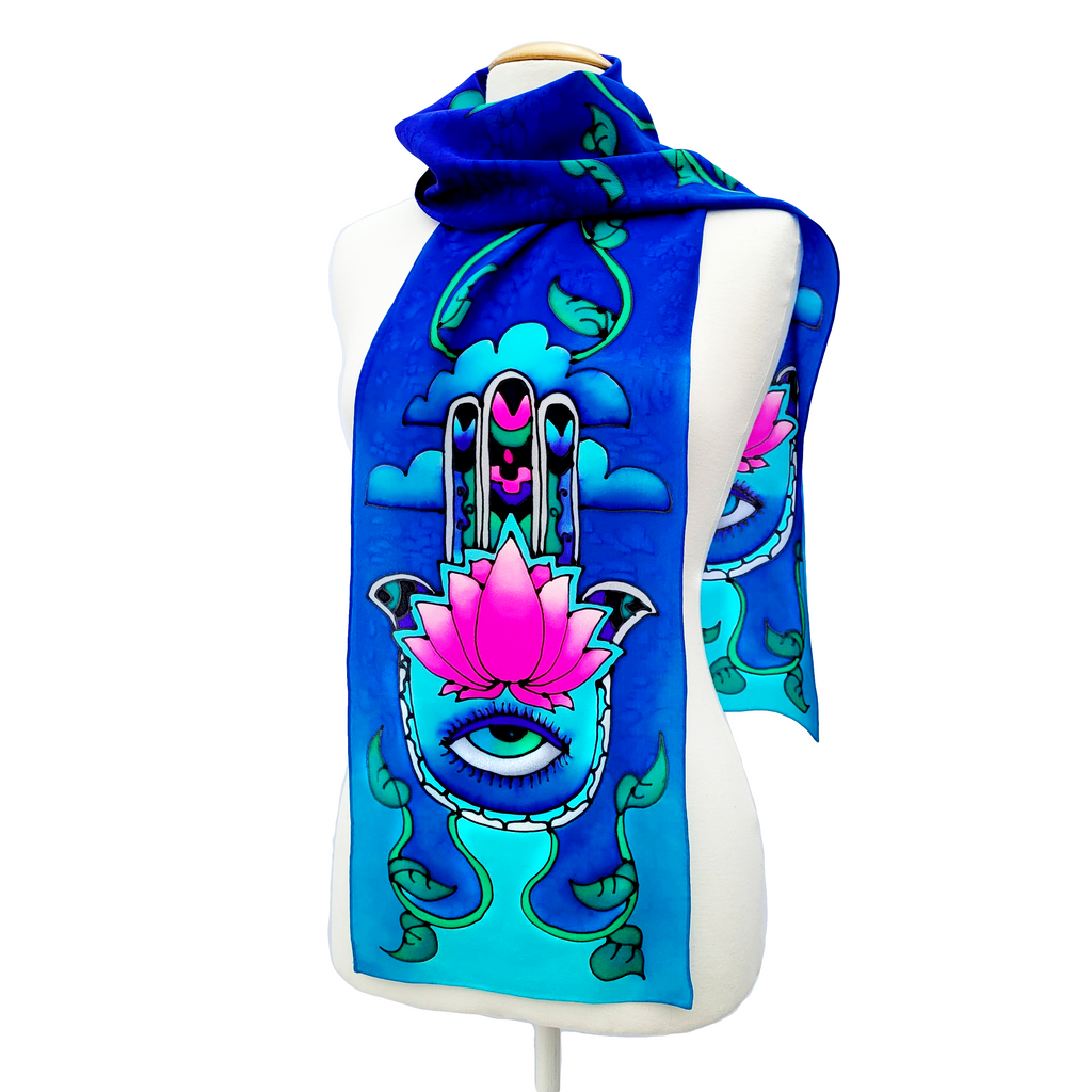 blue silk scarf hand painted hand of fatima art design blue ping color handmade by Lynne Kiel