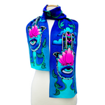 Load image into Gallery viewer, pure silk blue long silk scarf hand painted hand of fatima art design blue pink color handmade by Lynne Kiel
