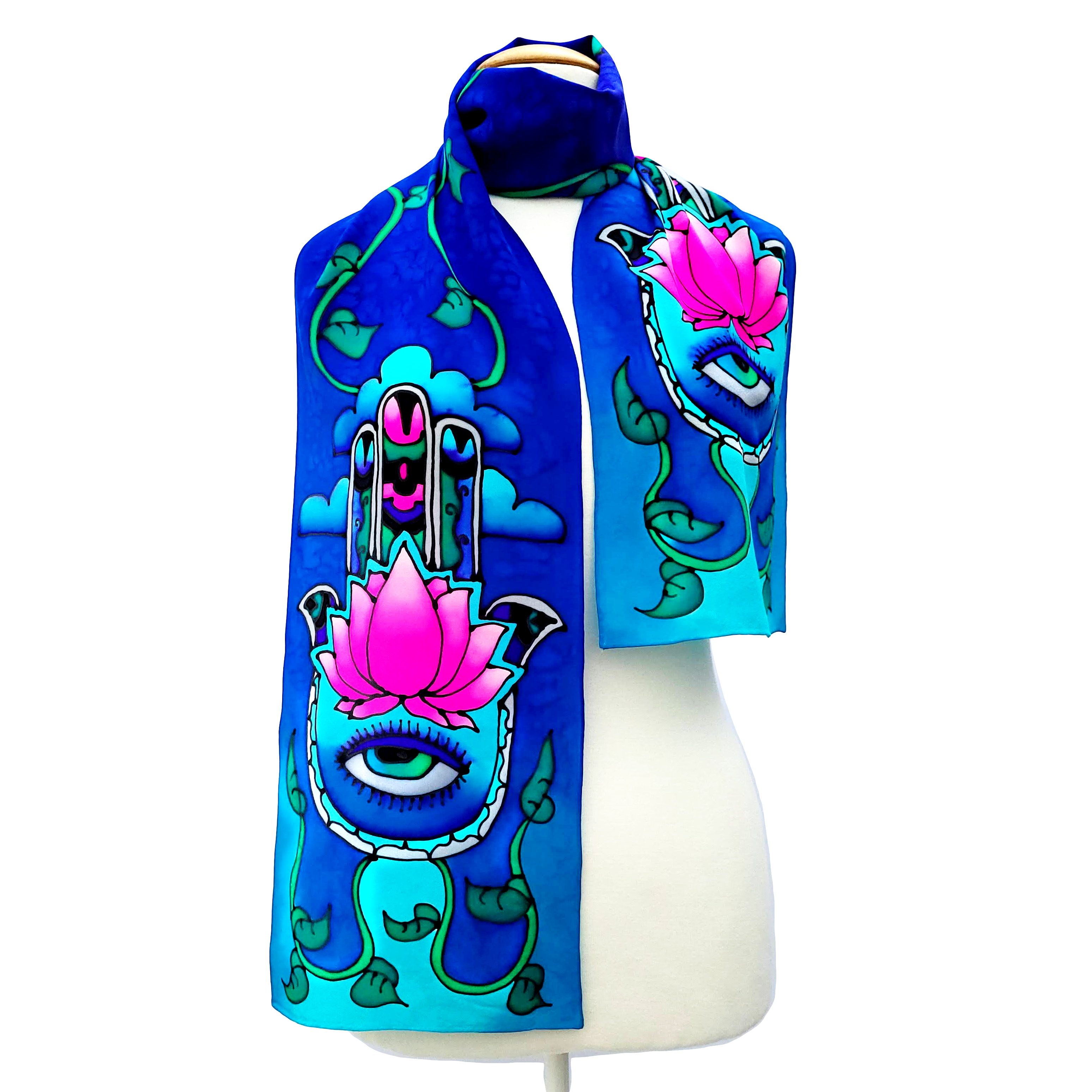 hand painted pure silk long scarf hand of fatima art design handmade by Lynne Kiel