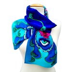 Load image into Gallery viewer, pure silk long scarf hand painted hand of fatima art design blue pink color handmade by Lynne Kiel
