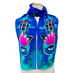 pure silk blue scarf hand painted hand of fatima art design blue pink color handmade by Lynne Kiel