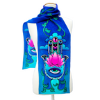 hand painted silk scarf blue pink color hand of fatima art design handmade by Lynne Kiel