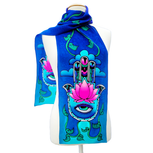 hand painted silk scarf blue pink color hand of fatima art design handmade by Lynne Kiel