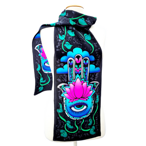 black long silk scarf hand painted hand of fatima art design handmade by Lynne Kiel